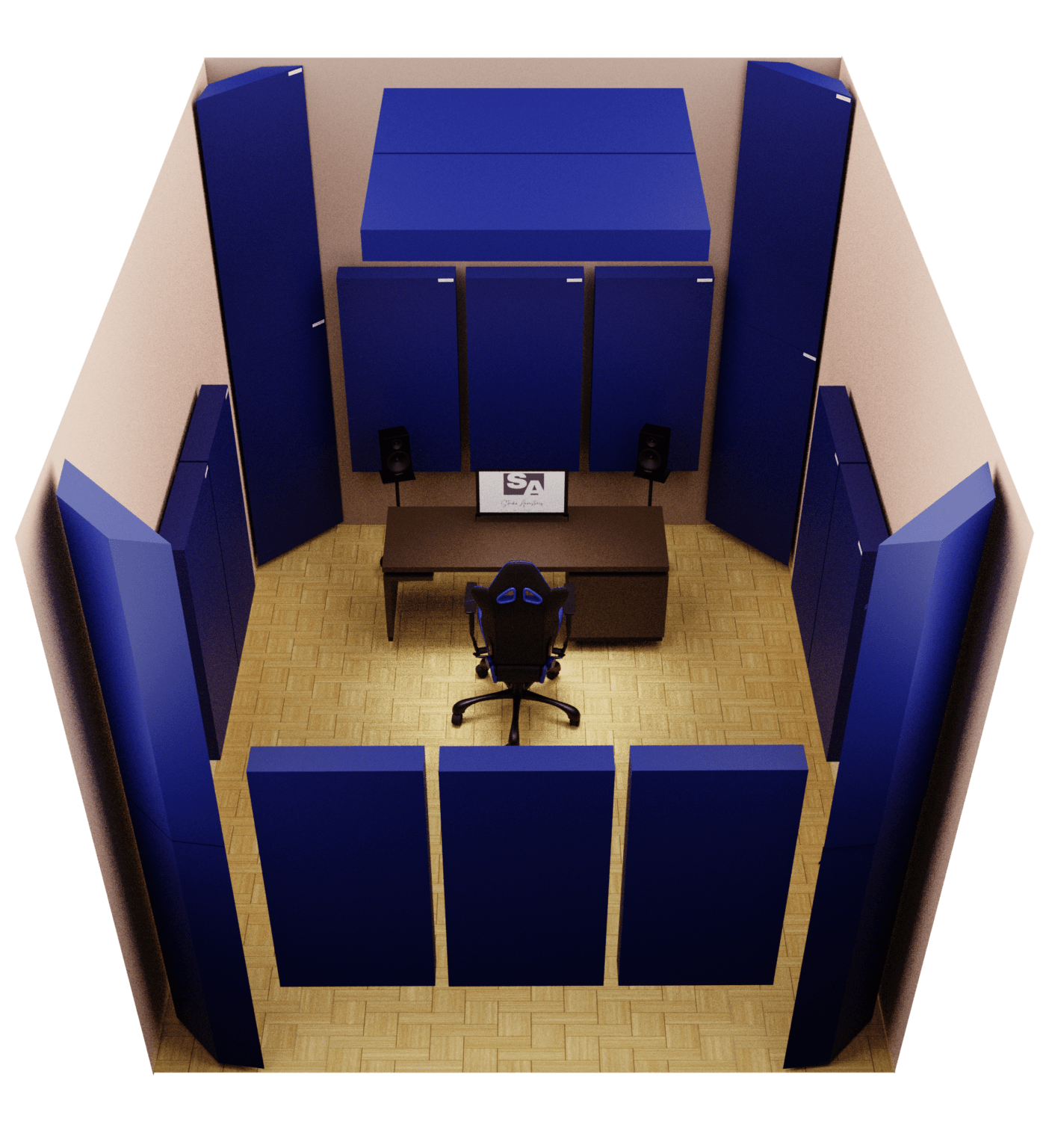 Studio Acoustics Home Studio Acoustic Panel Kit featuring 2-inch, 4-inch acoustic panels and corner bass traps, all crafted with a plywood frame, rockwool interior, and acoustically transparent fabric.