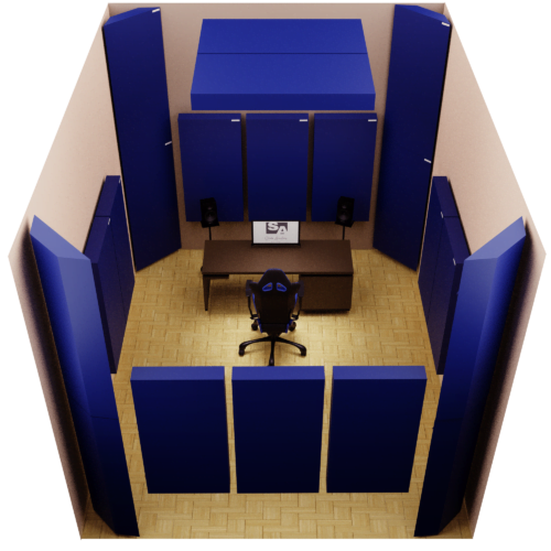 Studio Acoustics Home Studio Acoustic Panel Kit featuring 2-inch, 4-inch acoustic panels and corner bass traps, all crafted with a plywood frame, rockwool interior, and acoustically transparent fabric.