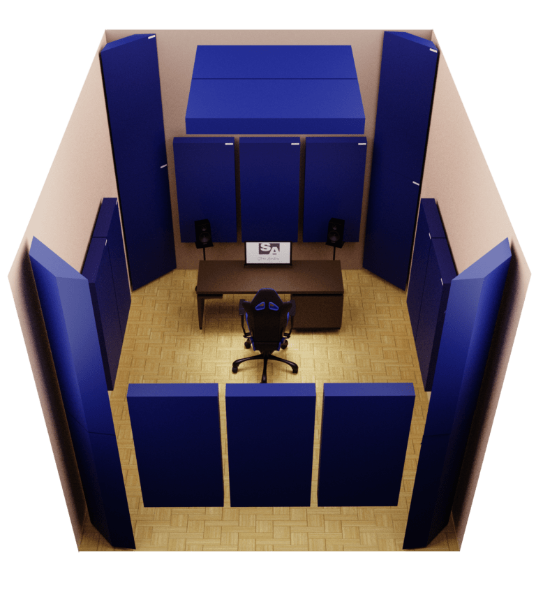 Studio Acoustics Home Studio Acoustic Panel Kit featuring 2-inch, 4-inch acoustic panels and corner bass traps, all crafted with a plywood frame, rockwool interior, and acoustically transparent fabric.
