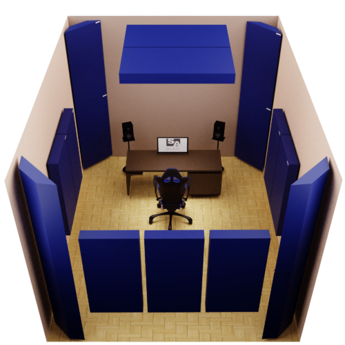 Studio Acoustics Home Studio Acoustic Panel Kit featuring 2-inch, 4-inch acoustic panels and corner bass traps, all crafted with a plywood frame, rockwool interior, and acoustically transparent fabric.