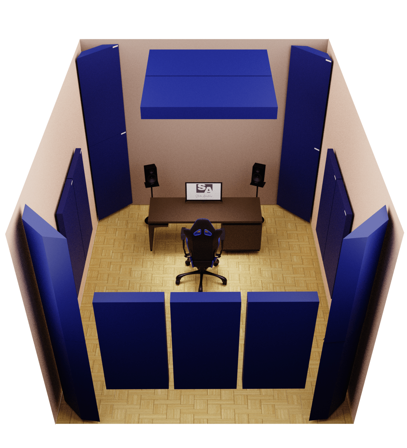 Studio Acoustics Home Studio Acoustic Panel Kit featuring 2-inch, 4-inch acoustic panels and corner bass traps, all crafted with a plywood frame, rockwool interior, and acoustically transparent fabric.