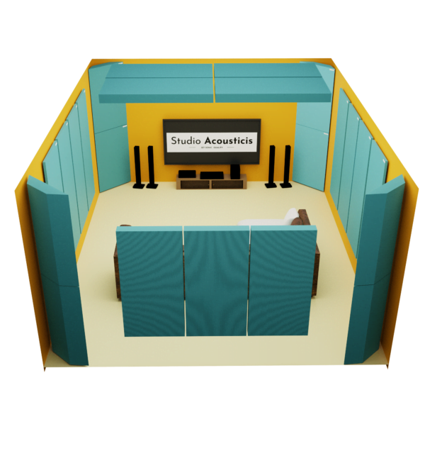 Studio Acoustics Home theater Acoustic Panel Kit featuring 2-inch acoustic panels and Corner bass trap all crafted with a plywood frame, rockwool interior, and acoustically transparent fabric. Home Theatre