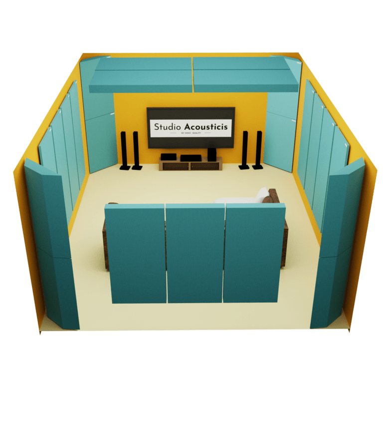Studio Acoustics Home theater Acoustic Panel Kit featuring 2-inch acoustic panels and Corner bass trap all crafted with a plywood frame, rockwool interior, and acoustically transparent fabric. Home Theatre