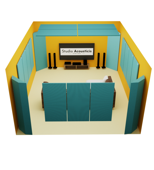 Studio Acoustics Home theater Acoustic Panel Kit featuring 2-inch acoustic panels and Corner bass trap all crafted with a plywood frame, rockwool interior, and acoustically transparent fabric. Home Theatre