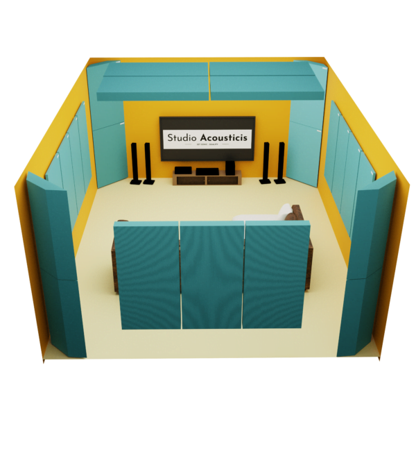 Studio Acoustics Home theater Acoustic Panel Kit featuring 2-inch acoustic panels and Corner bass trap all crafted with a plywood frame, rockwool interior, and acoustically transparent fabric. Home Theatre